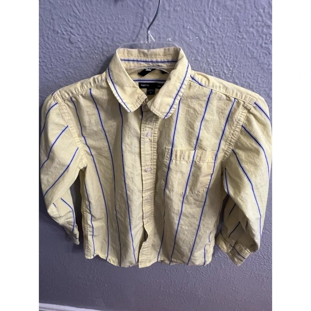 Gap Kids Button Up Shirt Boys Yellow White Blue Striped Long Sleeve‎ Size Mecium